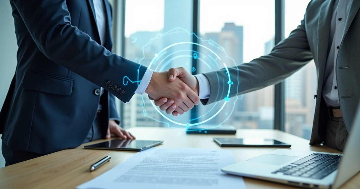 Executivos apertando as mãos sobre contrato de parceria de suporte de TI