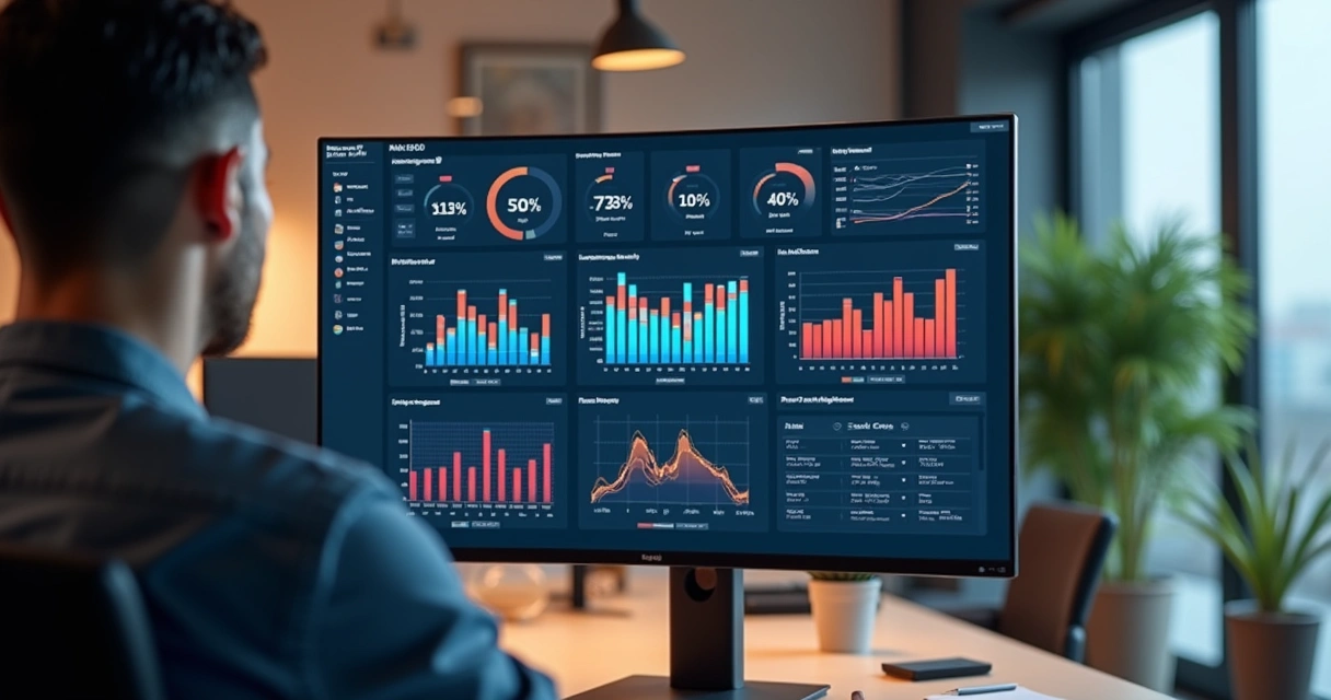 Profissional analisando dashboard interativo de Business Intelligence em tela widescreen