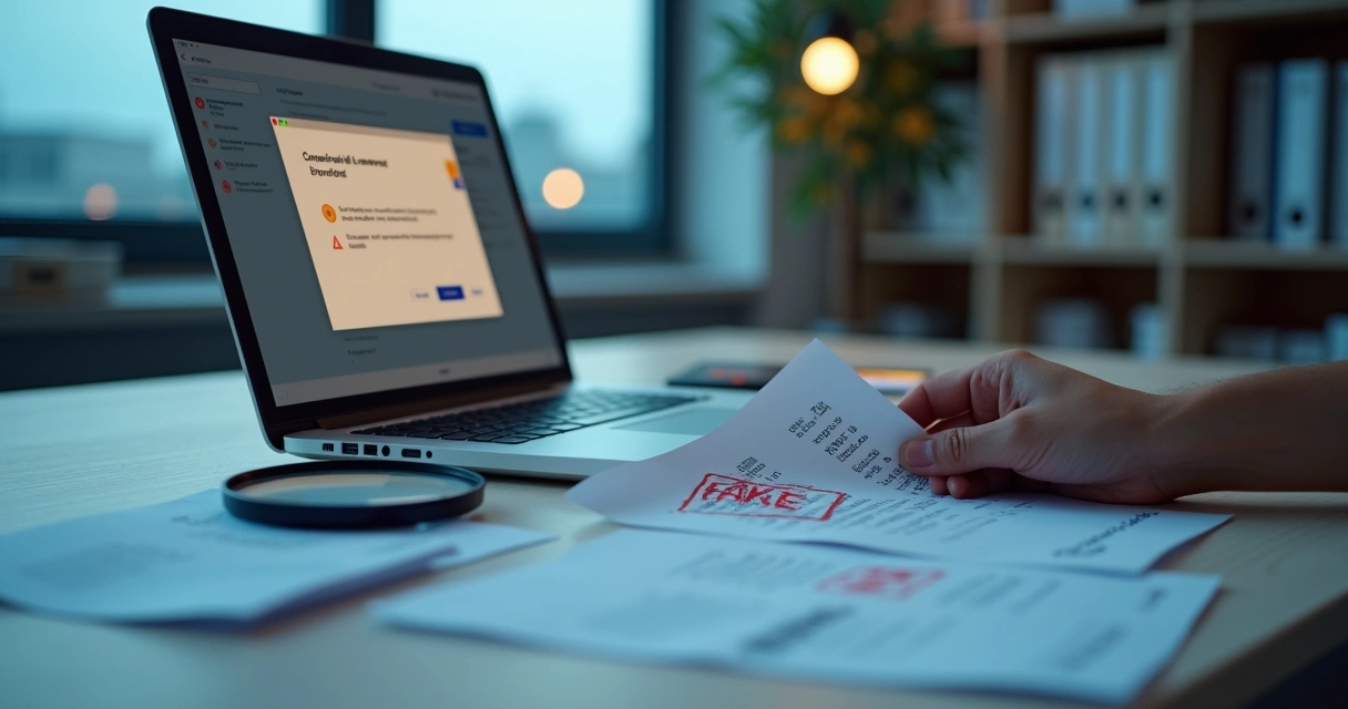 Profissional analisa chave de licença suspeita impressa com ícones digitais de alerta ao redor