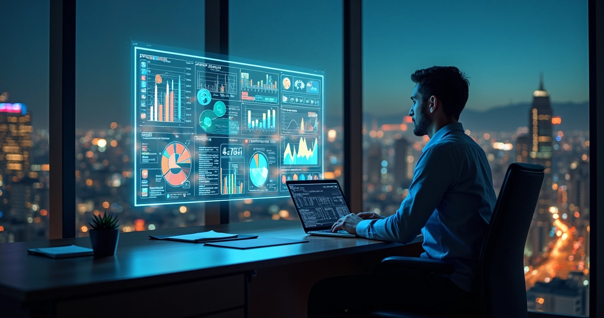 Analista de BI observa painel de dados com vista noturna de São Paulo ao fundo