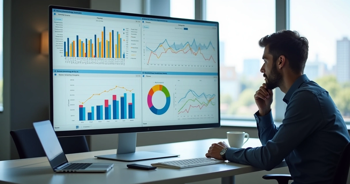 Profissional trabalhando em dashboard interativo de Power BI com gráficos e tabelas em tela grande