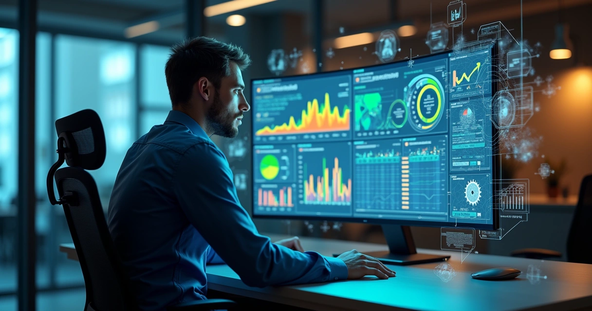 Profissional analisando dashboard Power BI com gráficos e dados em tela digital