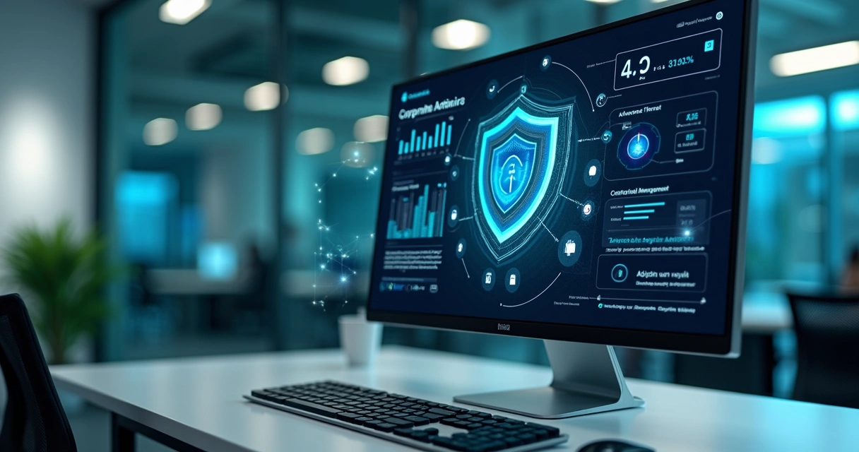 Computador com tela mostrando proteção antivírus em tempo real e gráficos digitais de segurança