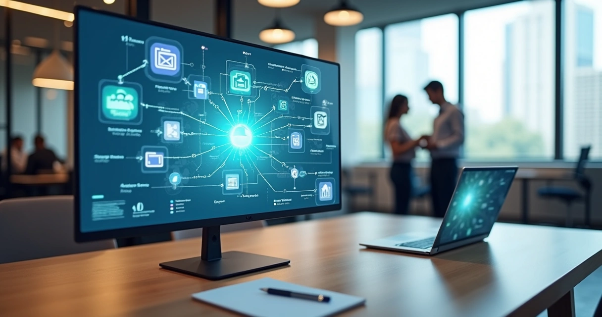 Dashboard com fluxos automatizados conectando ícones de aplicativos de negócios