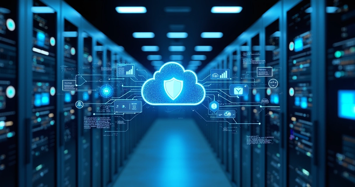 Servidor moderno com luzes azuis e uma interface digital visualizando backup em nuvem e segurança cibernética