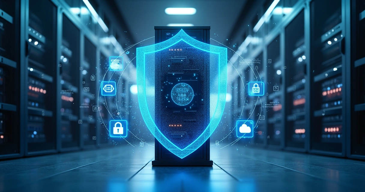 Servidor corporativo sendo protegido por escudo digital de backup