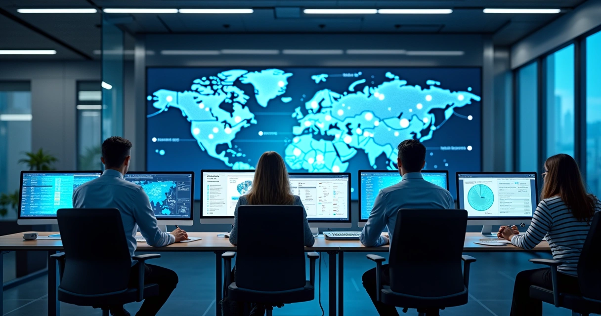 Equipe de profissionais em escritório moderno monitorando sistemas de backup empresarial em telas múltiplas