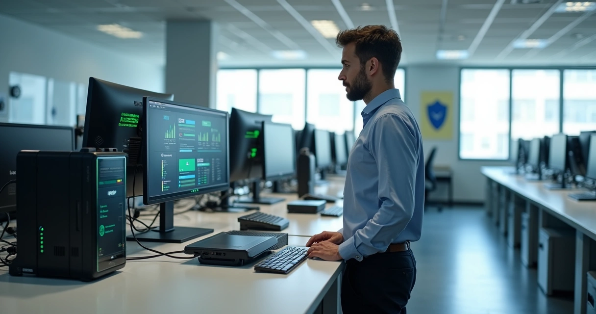 Profissional de TI verificando painel de backup em estações de trabalho de escritório