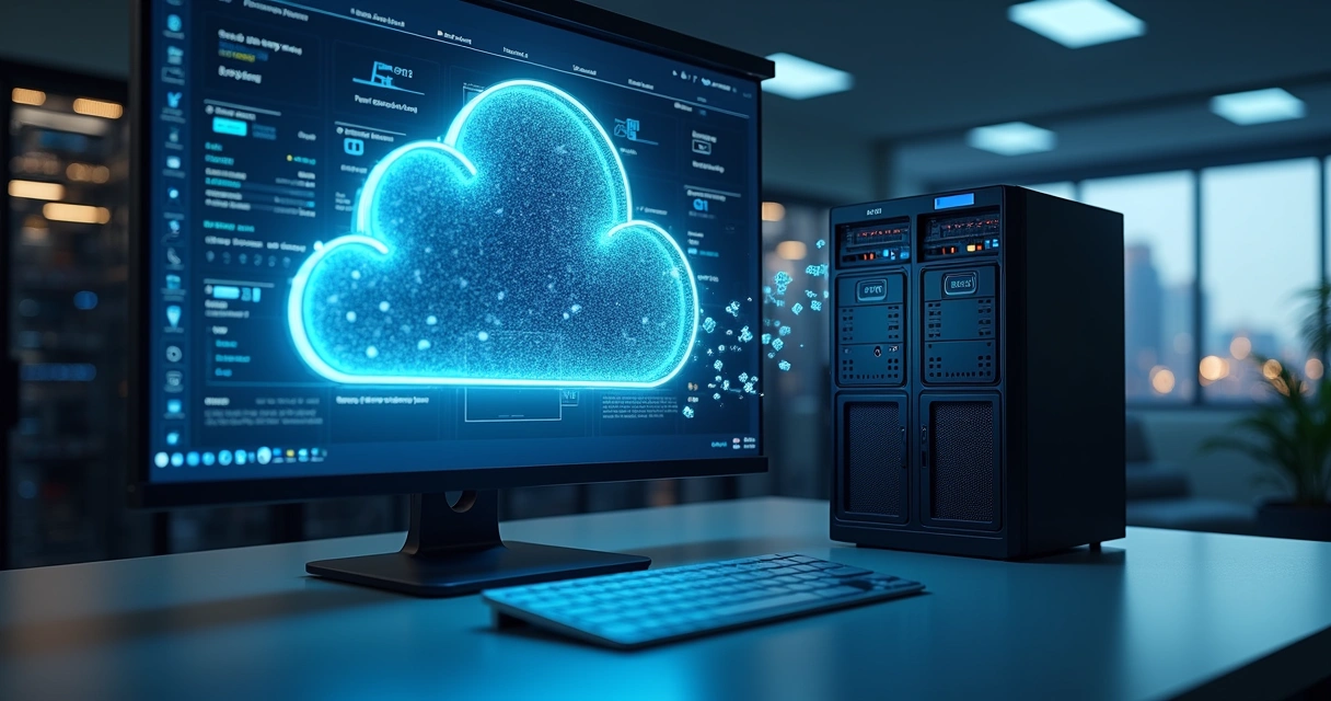 Ilustração de backup híbrido com servidor local e nuvem conectados por Acronis