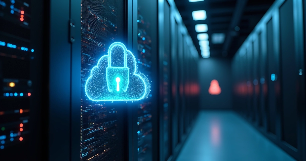 Servidor protegido com cadeado digital e backup em nuvem ao fundo