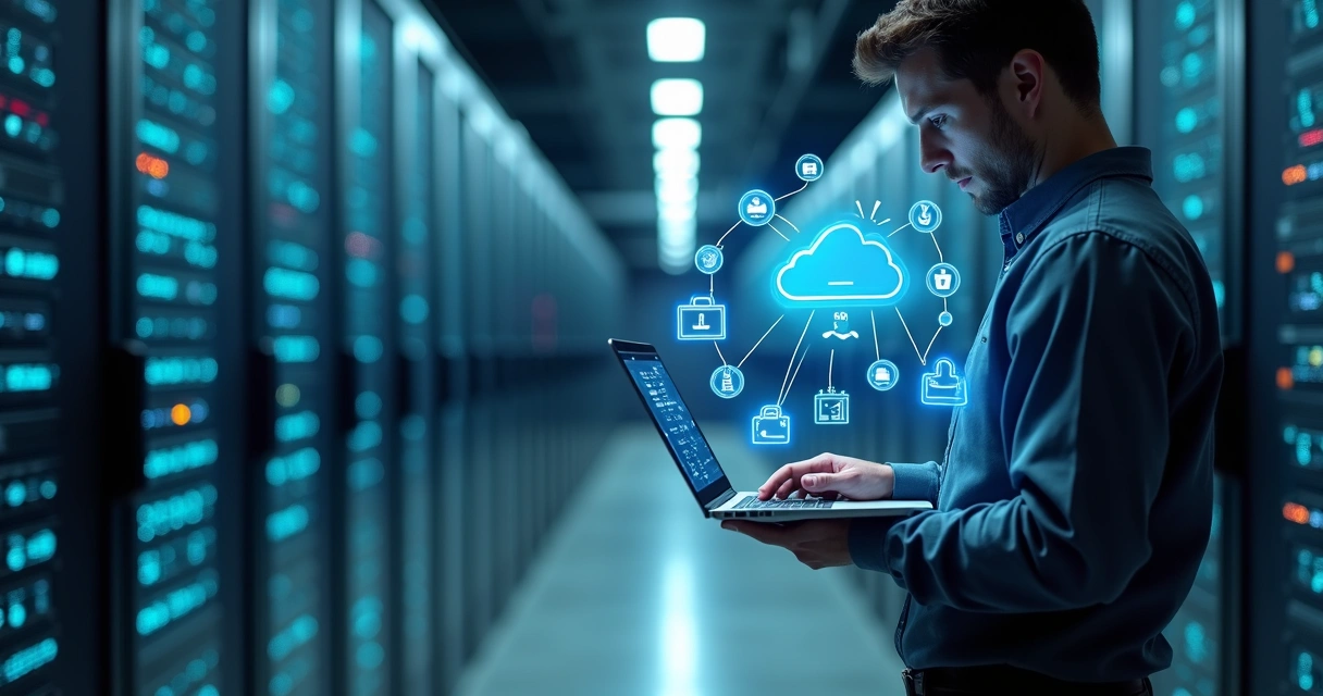 Profissional de TI verifica backup em nuvem em sala de servidores moderna