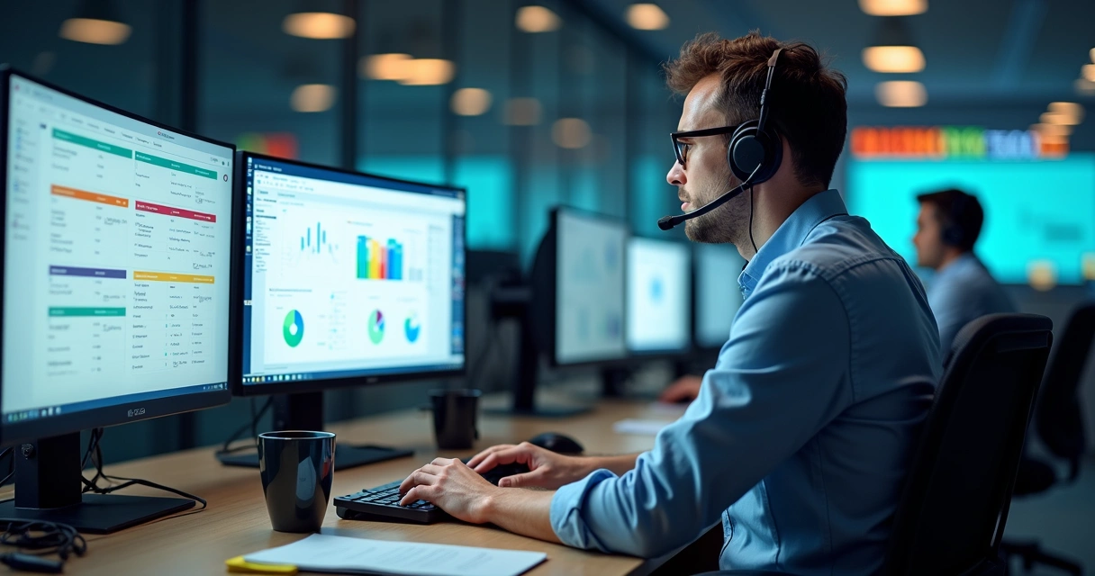 Analista de suporte de TI em central moderna atendendo chamado no computador