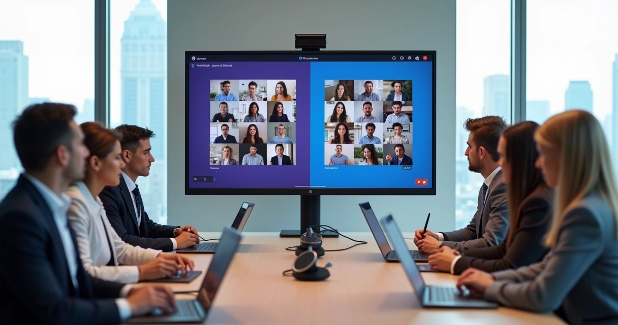 Equipe empresarial em videoconferência dividida entre Microsoft Teams e Zoom na mesma tela