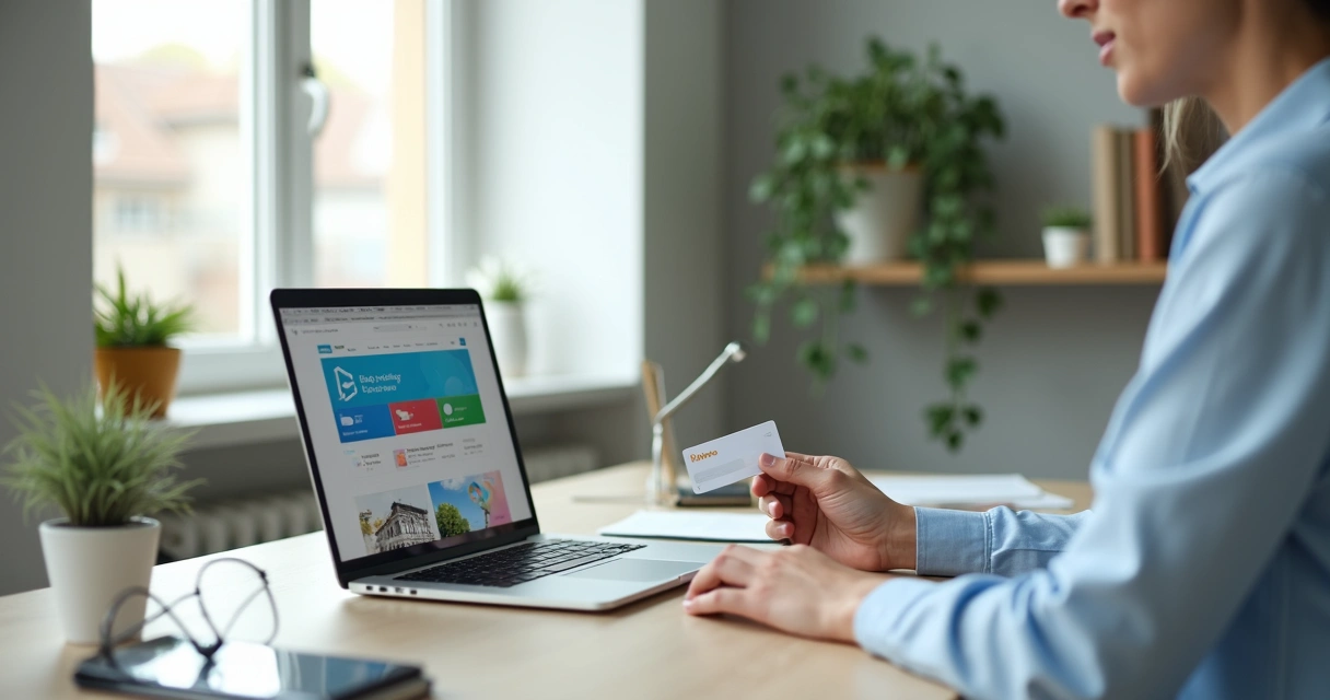 Profissional em escritório moderno comprando assinatura Office 365 no notebook