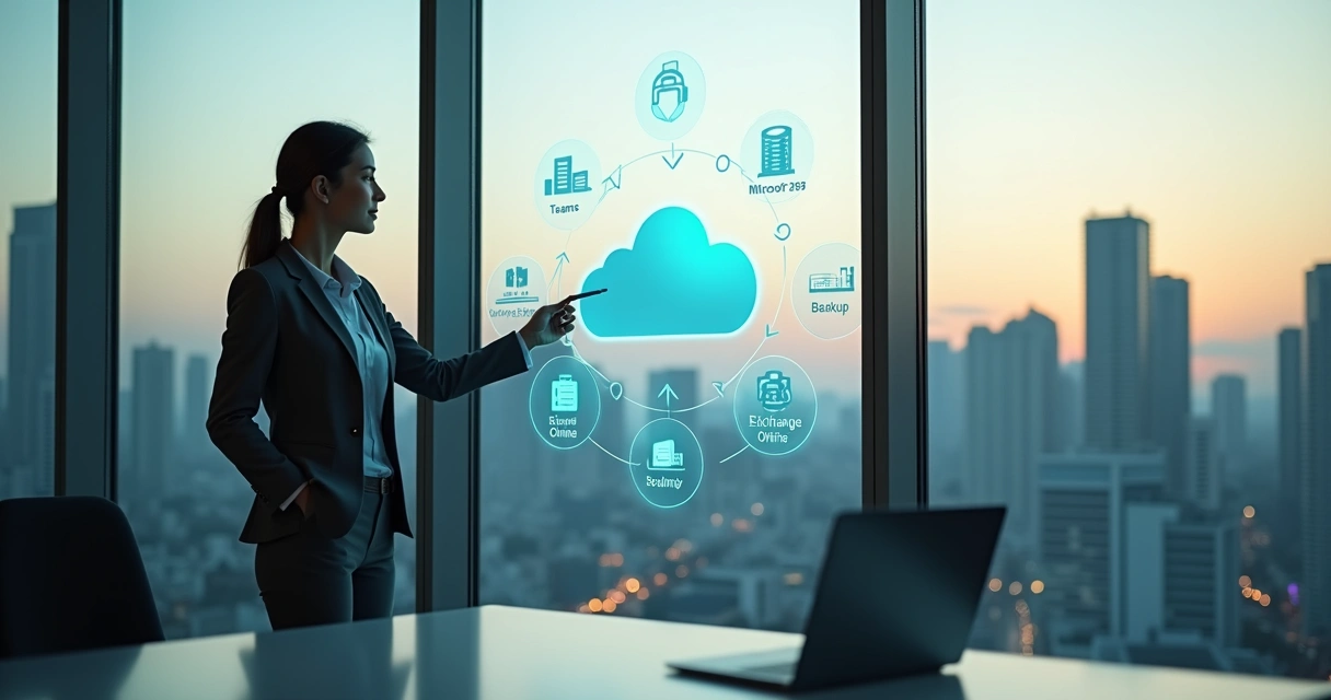 Consultor Microsoft apontando arquitetura em nuvem sobre skyline de São Paulo