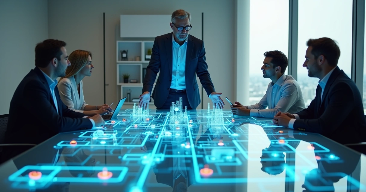 Consultor de TI exibindo mapa de infraestrutura com ícones de backup, nuvem e segurança
