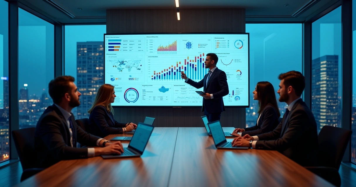 Equipe empresarial analisando painéis de dados em grande tela em sala de reunião moderna