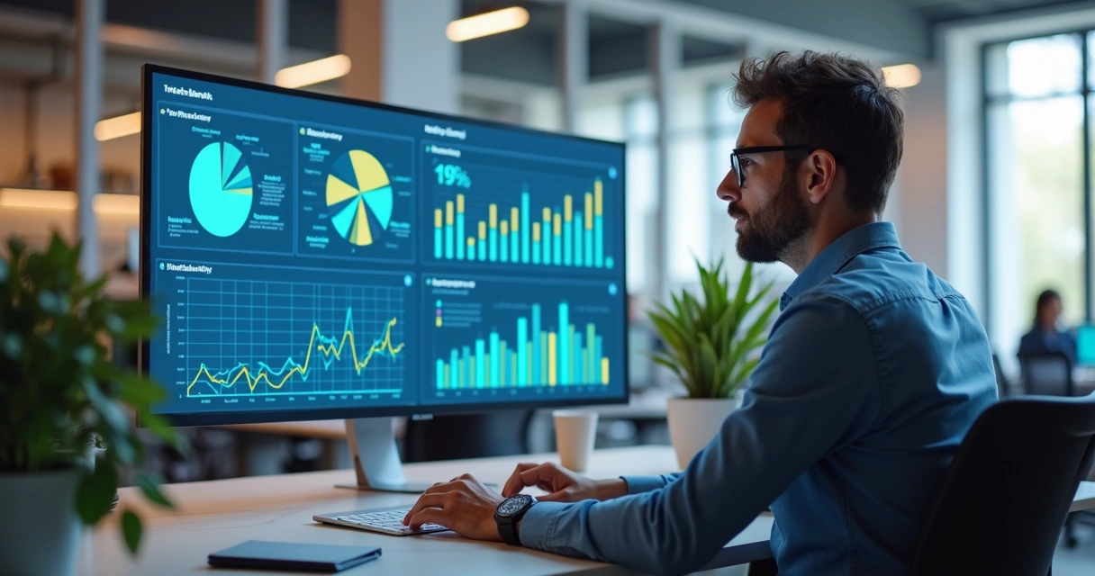 Profissional analisando relatórios de BI em tela de computador com dashboards coloridos e gráficos interativos