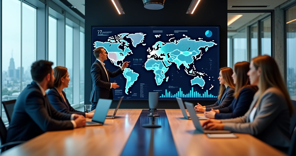 Equipe analisando dashboards de BI em grande tela em sala de reunião moderna