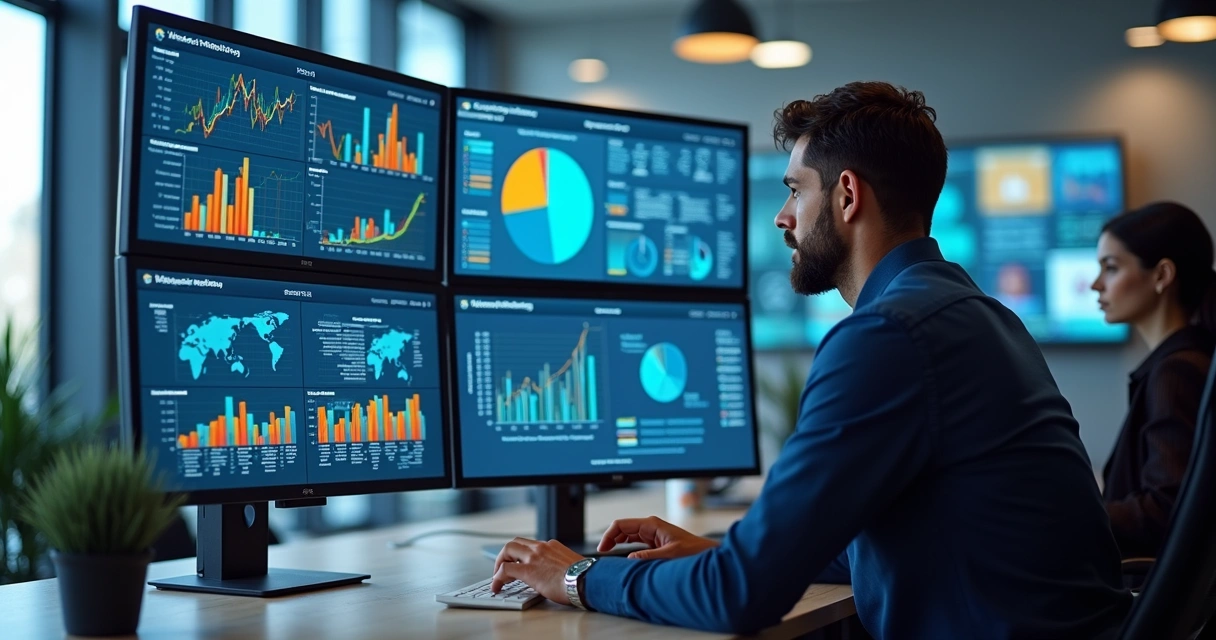 Profissional analisando dashboards de Business Intelligence em múltiplas telas com gráficos e dados integrados de ERP e CRM, ambiente moderno de escritório com tecnologia avançada, luz natural e eleme