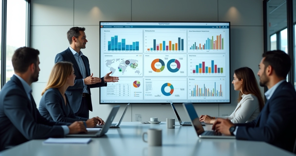 Profissional apresentando dashboards interativos em tela grande para equipe em ambiente corporativo moderno