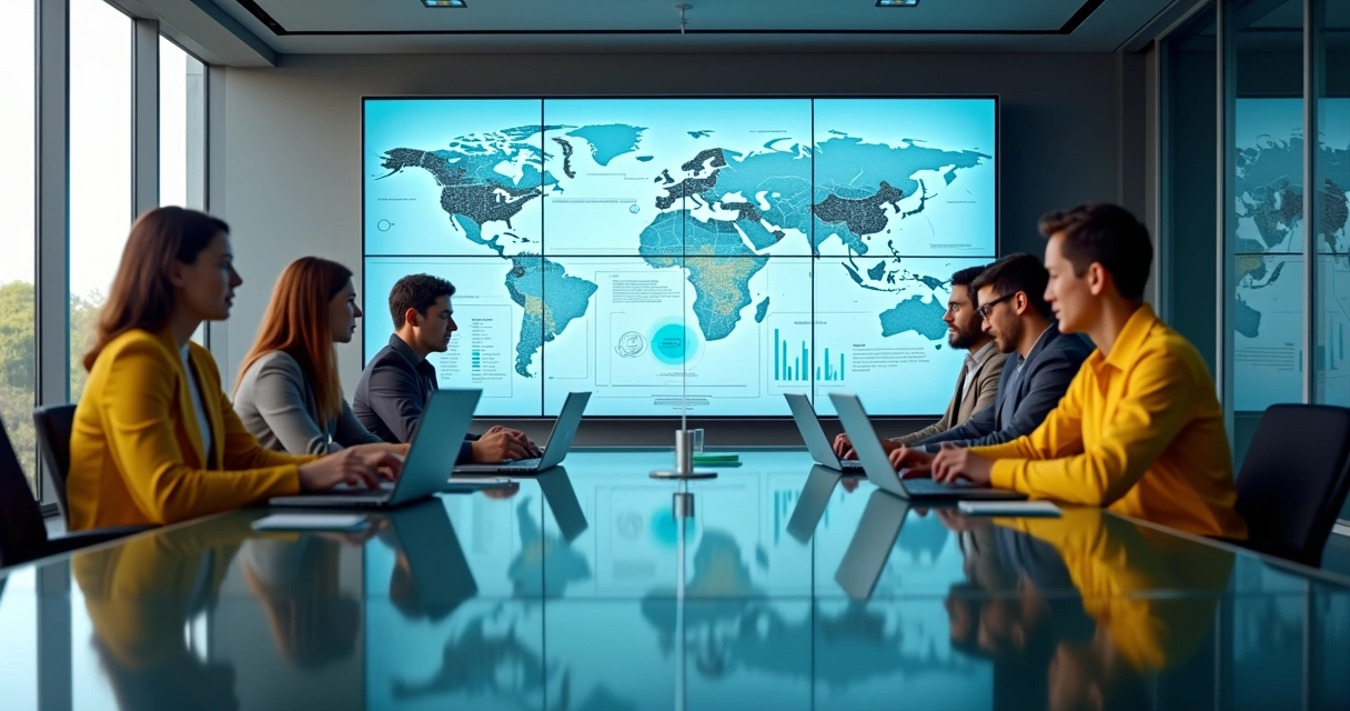 Equipe de consultoria Power BI reunida em frente a um painel de dashboards corporativos