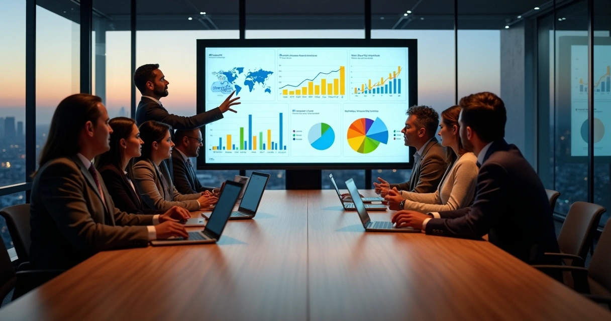 Equipe de negócios analisando painel de dados em tela grande com gráficos do Power BI