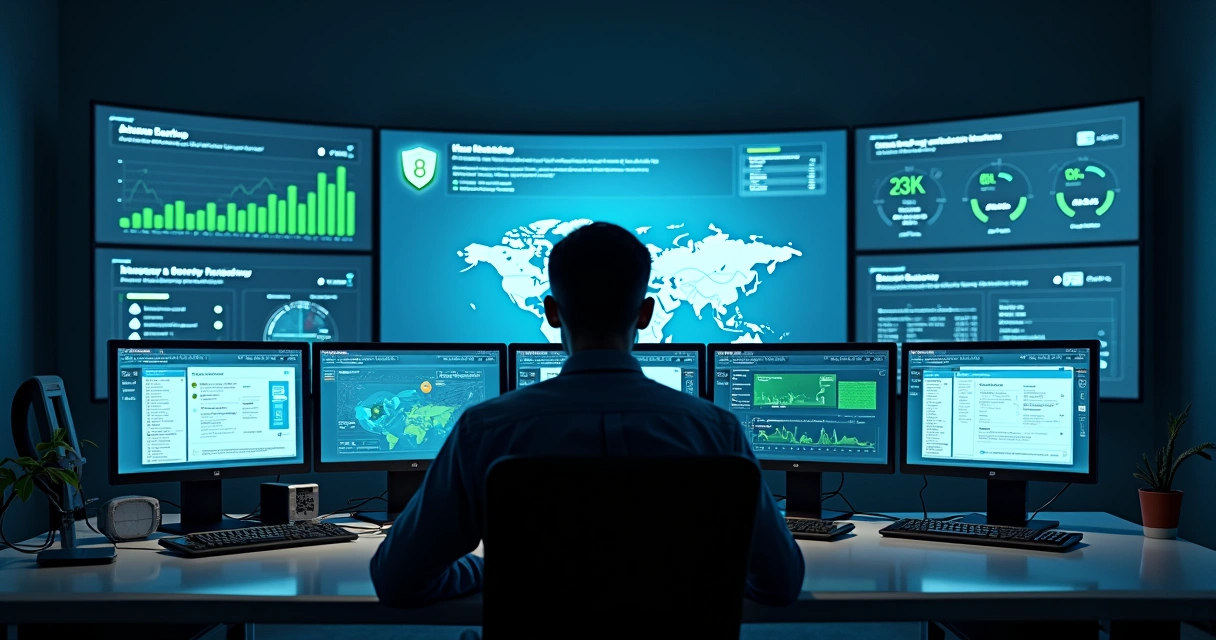 Painel de cibersegurança exibindo backup e proteção de dados corporativos
