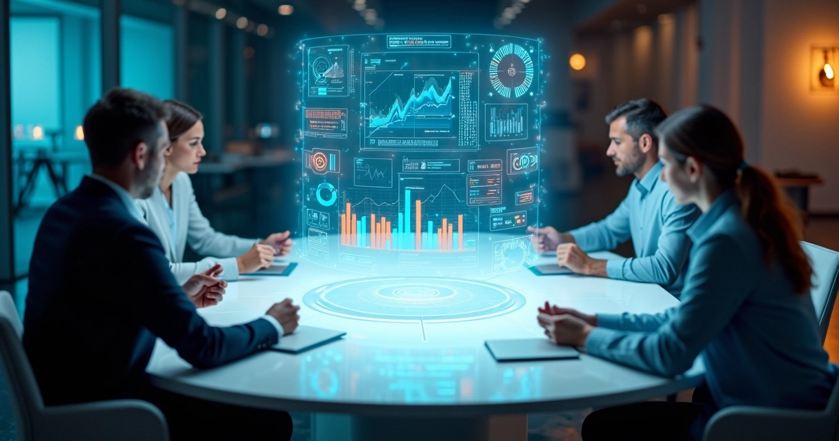 Mesa redonda com pessoas apontando para holograma de dashboard colorido