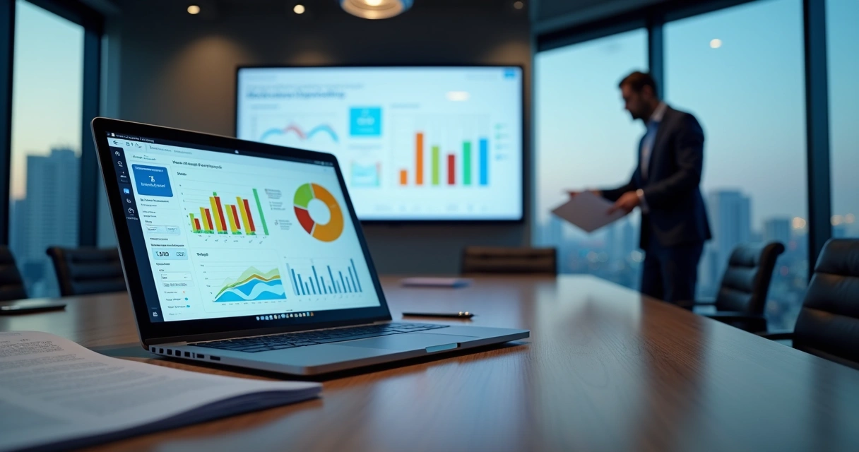 Gestor analisa dashboard em tela grande ao lado de relatório impresso em escritório moderno
