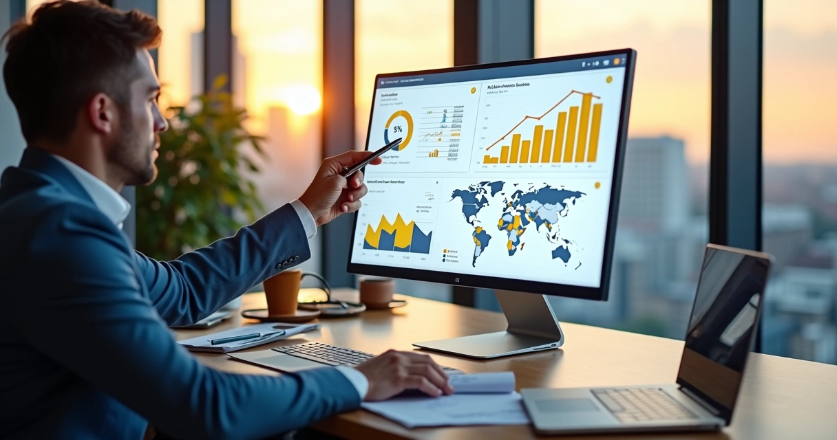 Gestor analisa painel de indicadores de desempenho no Power BI em monitor widescreen