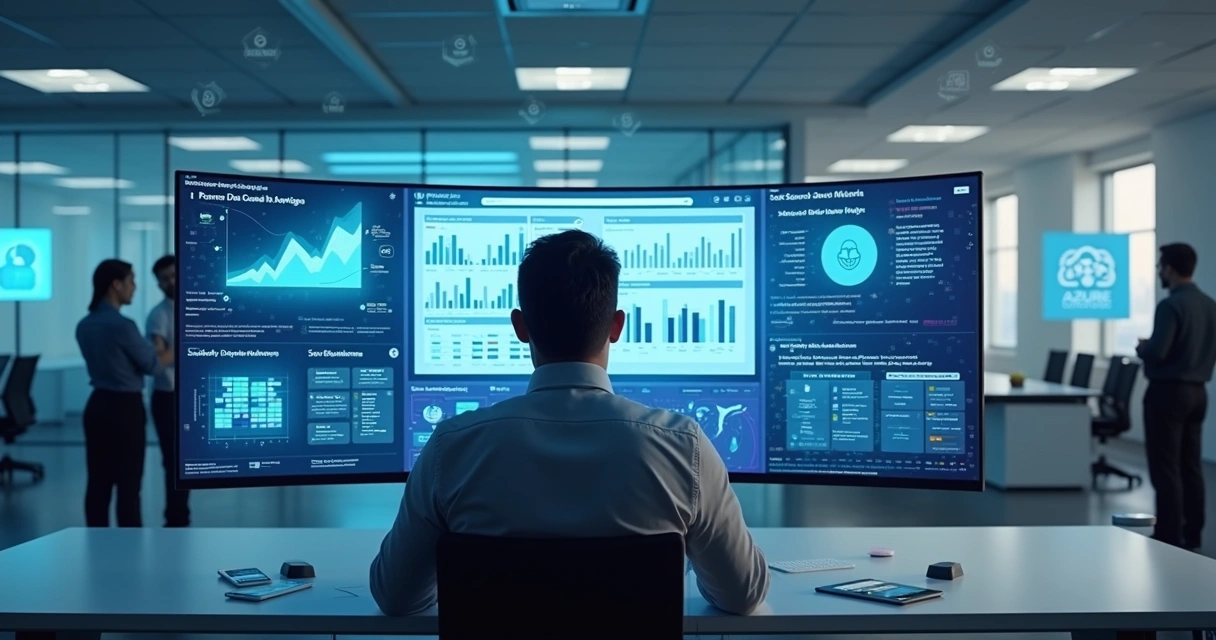 Gestor analisa painel de dados corporativos no Microsoft Fabric em ambiente moderno