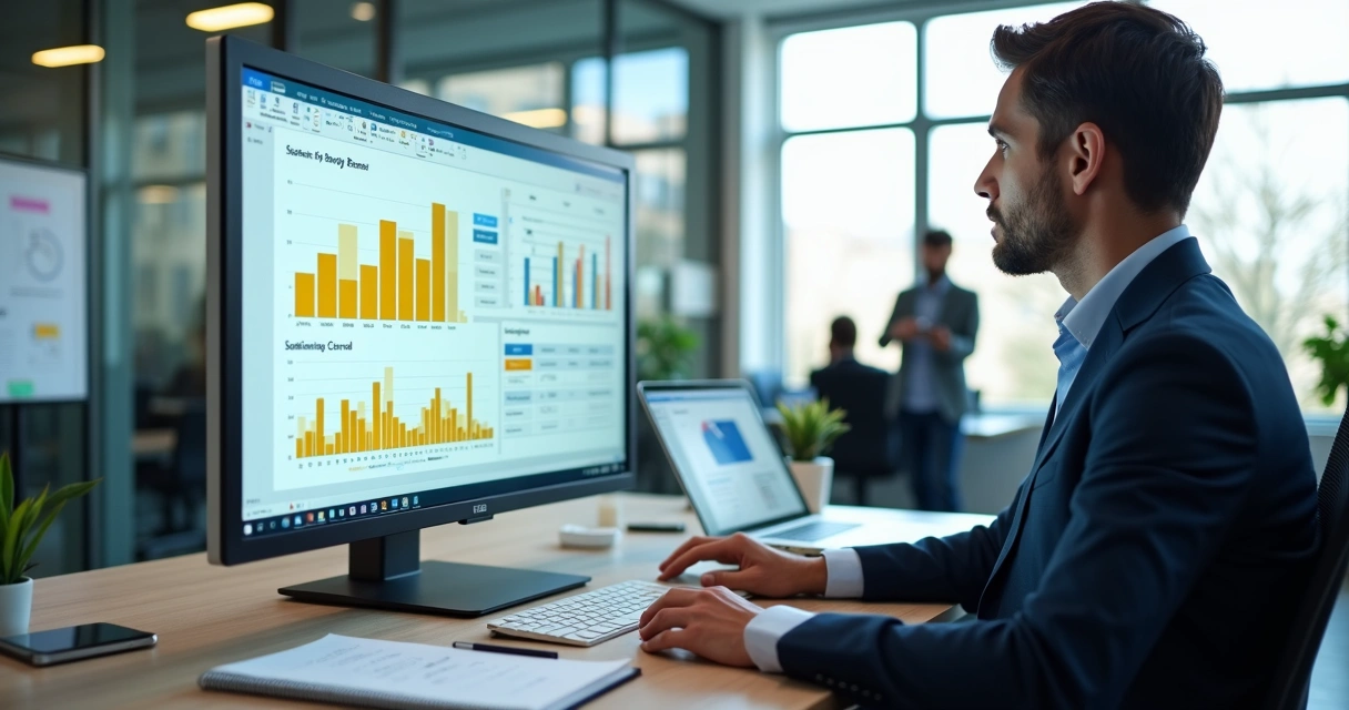 Profissional analisando dashboard corporativo no Power BI em monitor amplo