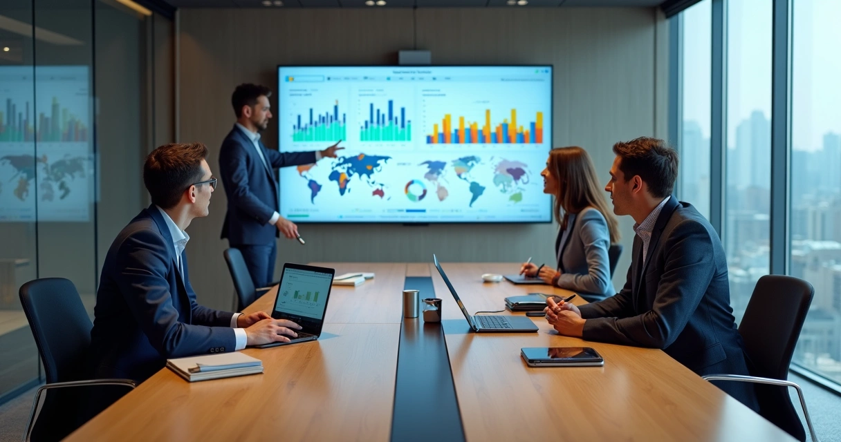 Gestores analisando dashboard de Power BI em sala de reunião moderna