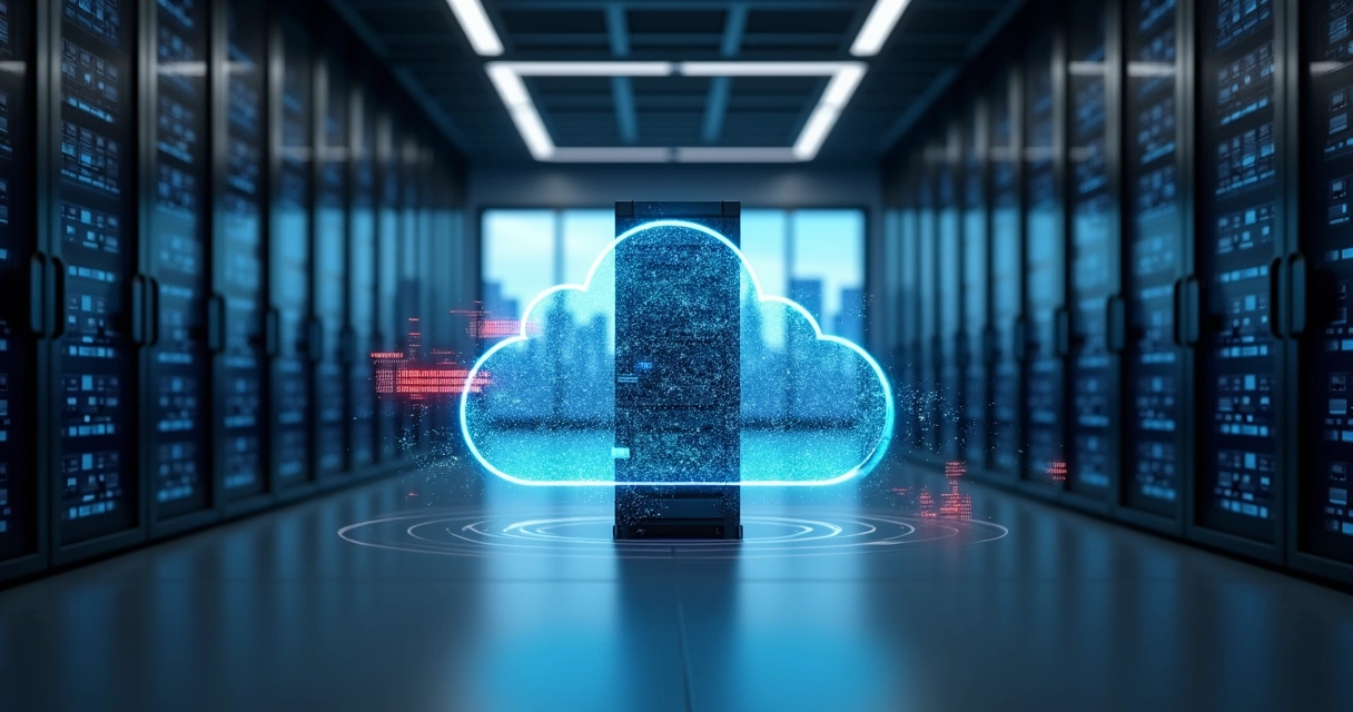 Servidor em datacenter protegido por escudo holográfico de nuvem