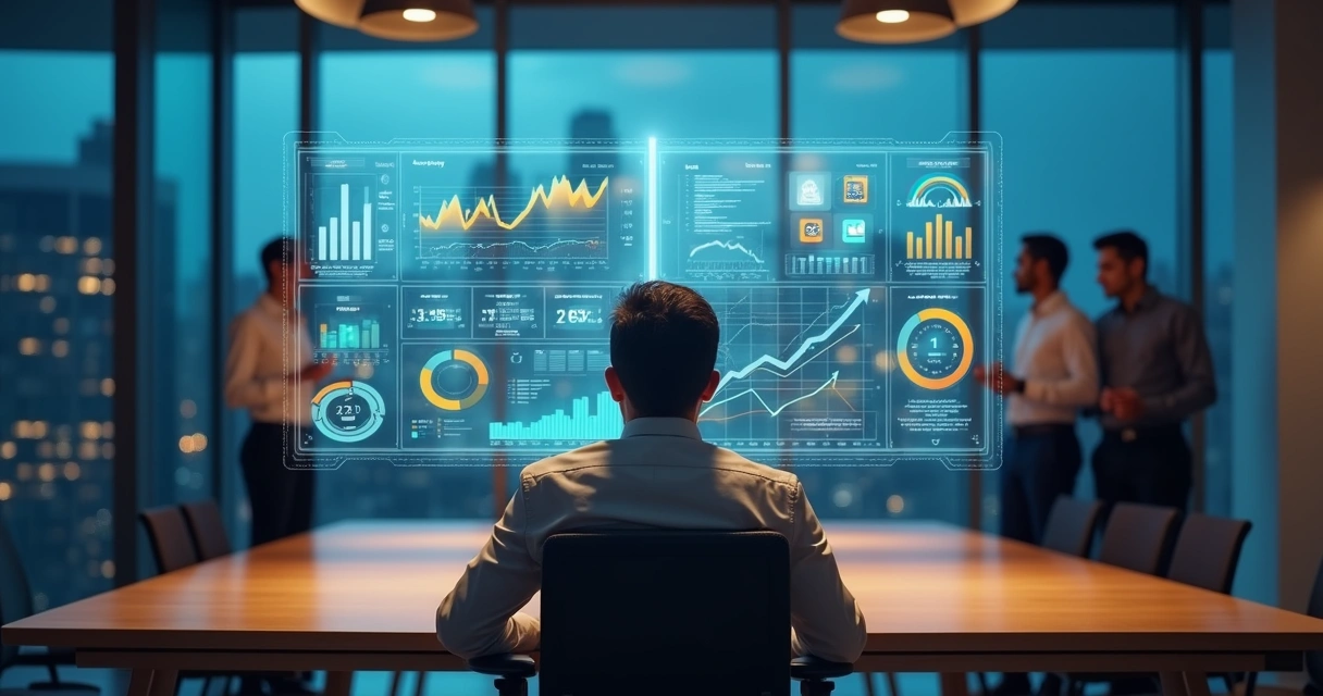 Executivo comparando solução interna de BI com consultoria externa em painel digital dividido