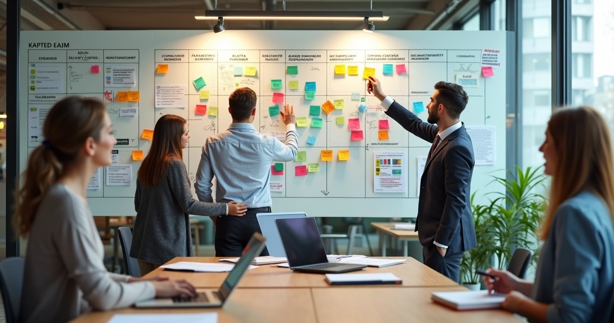 Equipe de BI montando matriz de competências em parede de vidro