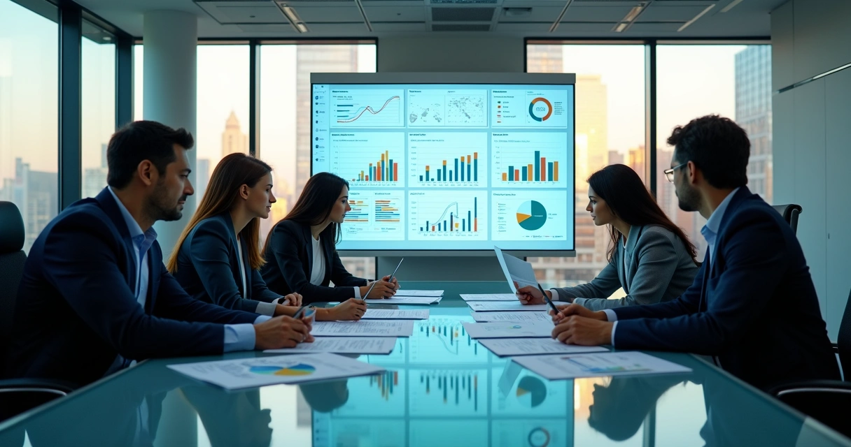 Equipe comercial em reunião analisando painel de BI com indicadores de vendas