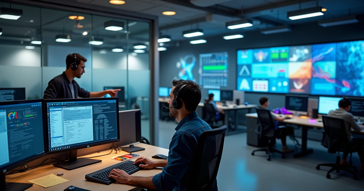 Equipe de suporte de TI atendendo chamados em central moderna com vários monitores
