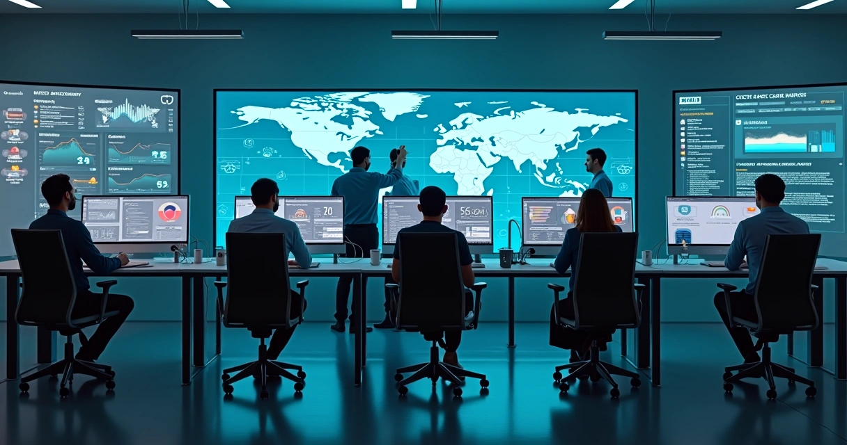 Equipe de suporte de TI monitora infraestrutura corporativa em ambiente moderno