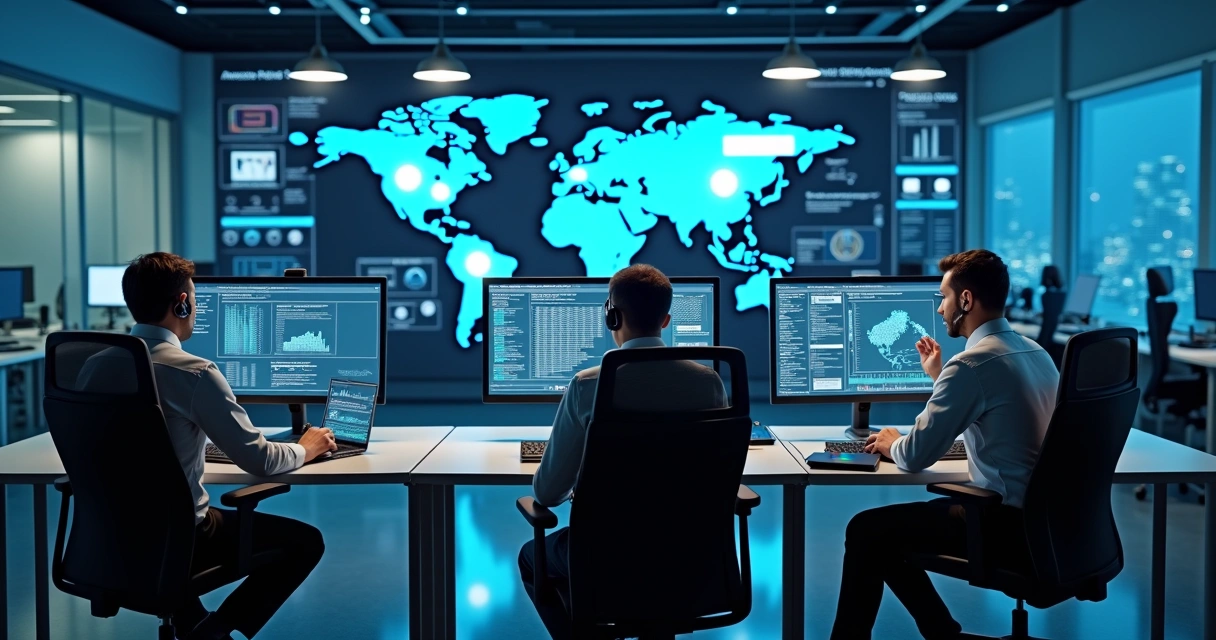 Equipe de suporte de TI monitorando rede corporativa em ambiente moderno de escritório