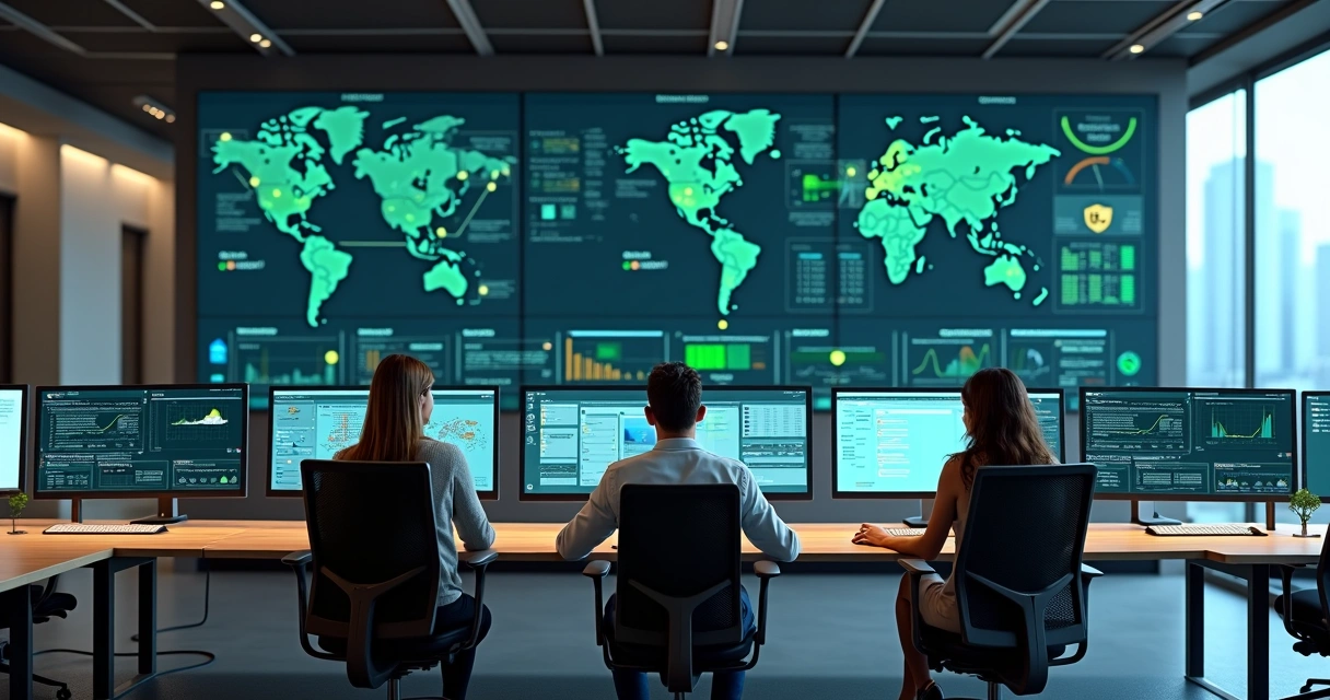 Equipe de suporte de TI monitorando infraestrutura em tempo real em sala corporativa moderna