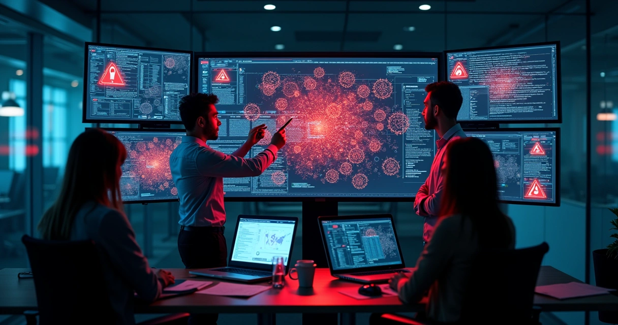 Equipe de TI em sala escura analisando grande monitor com alertas de falha