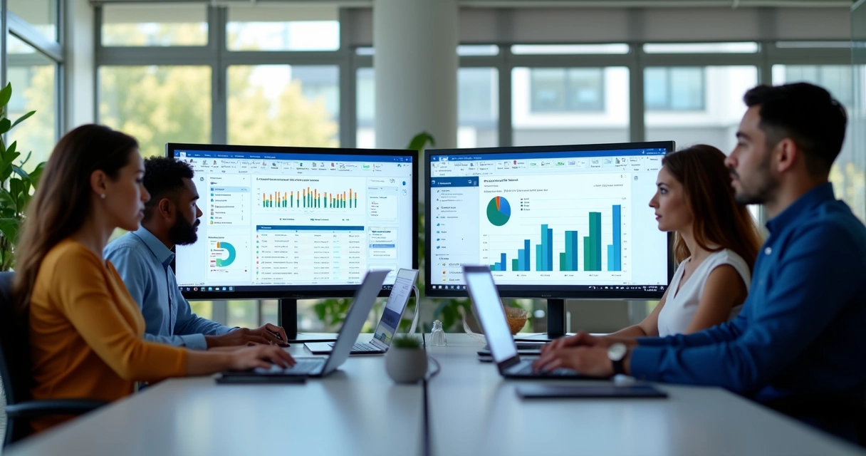 Equipe de profissionais usando Microsoft 365 em computadores modernos no escritório