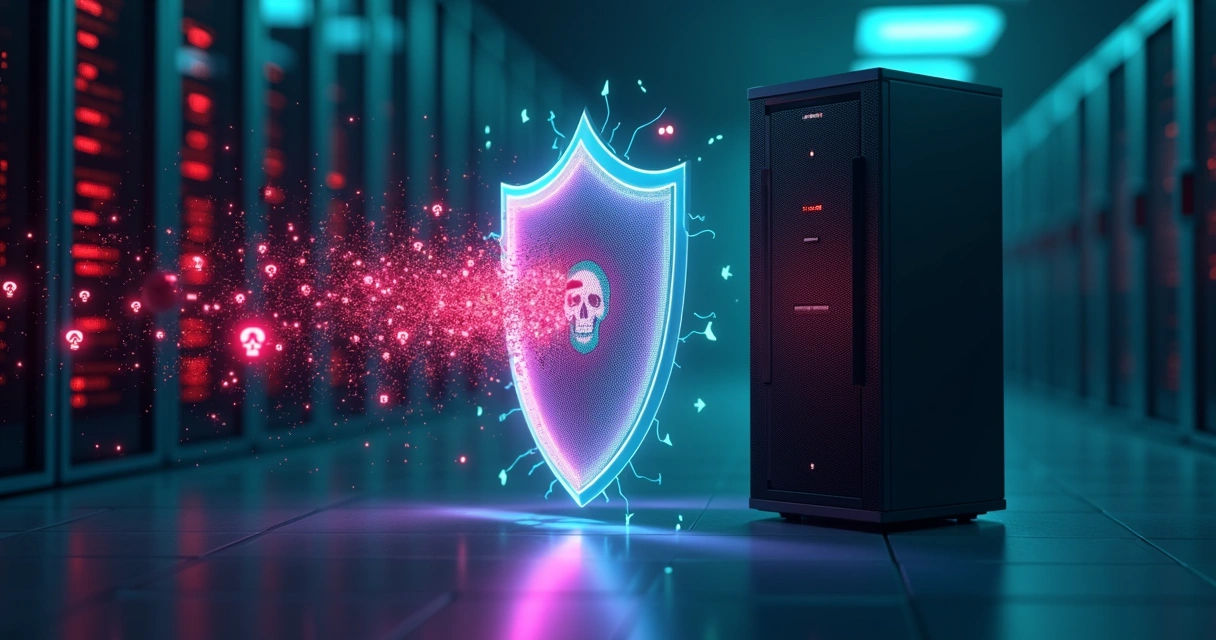 Escudo digital protegendo servidor contra ameaça de ransomware