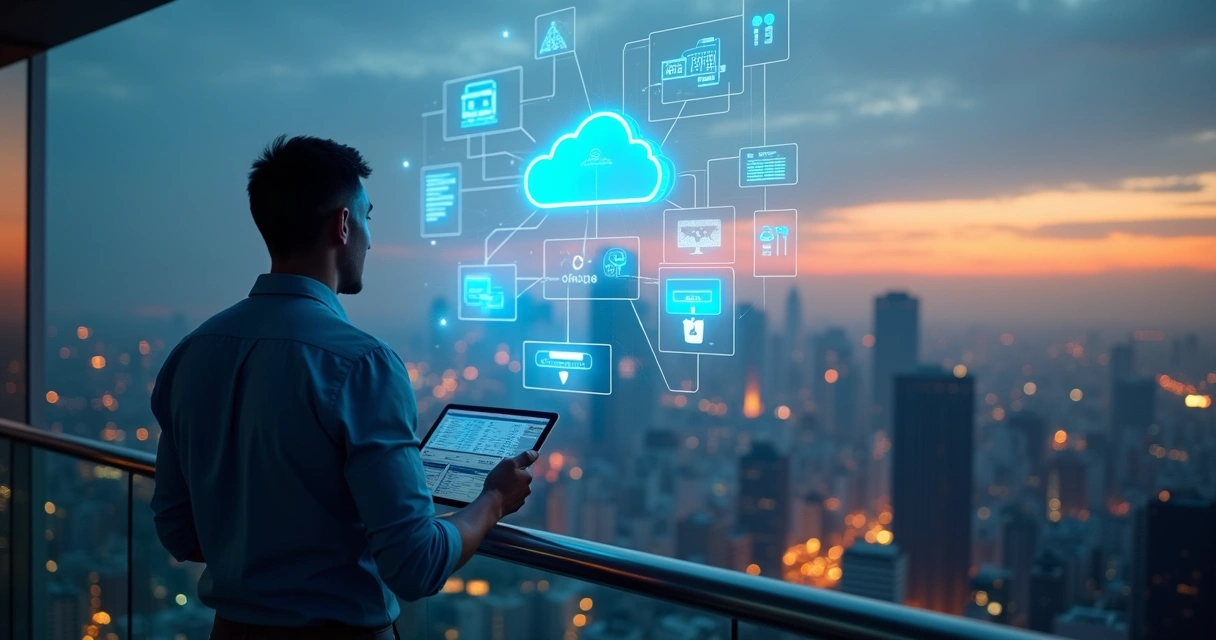 Especialista configurando solução Azure com nuvens digitais sobre a cidade de São Paulo