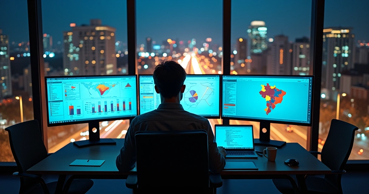 Profissional de BI analisando dashboard com panorama noturno de São Paulo ao fundo
