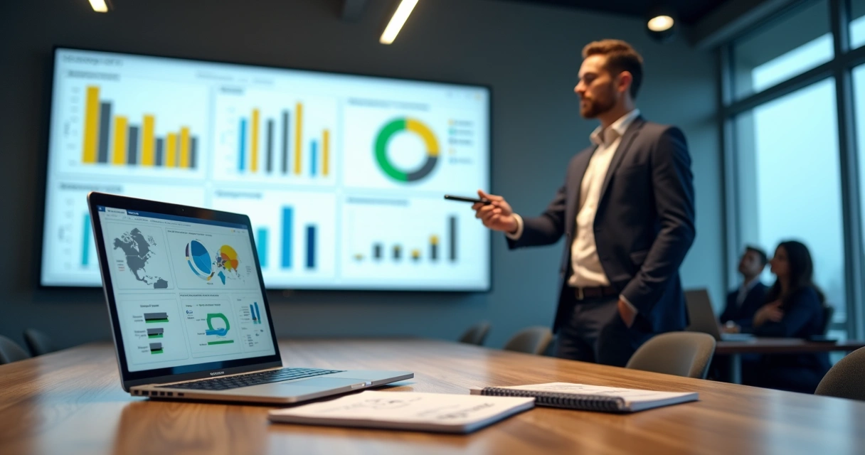 Profissional analisando dashboards de Power BI em tela grande em ambiente corporativo moderno