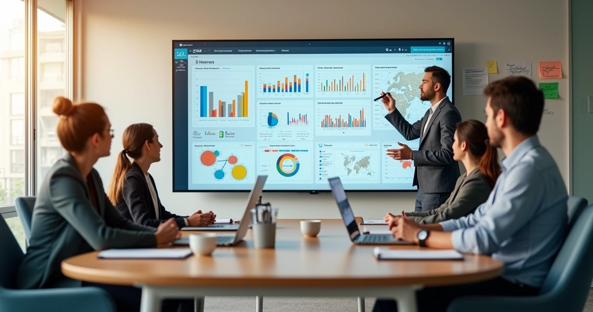 Especialista em Power BI apresentando insights em sala corporativa criativa