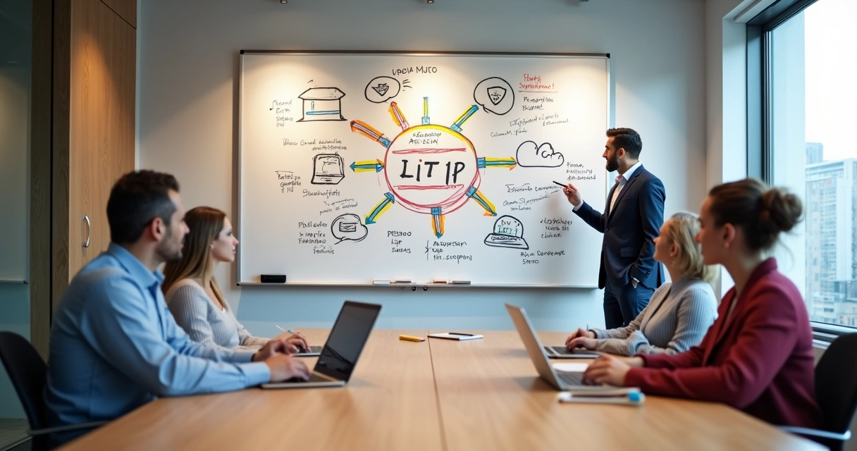 Quadro branco com mapa visual de suporte de TI para empresas em sala de reunião corporativa
